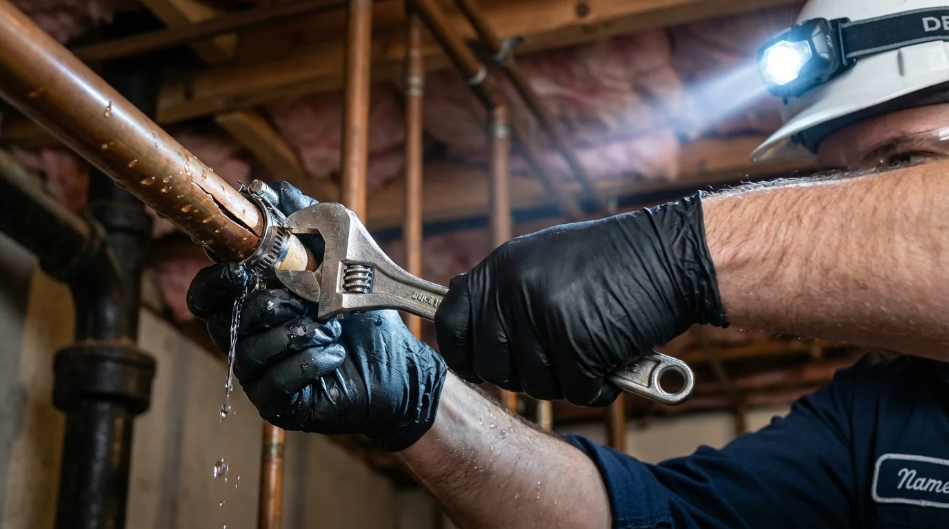 Emergency pipe clamp repair being performed by a Johns Plumbing LLC plumber in Pleasant View