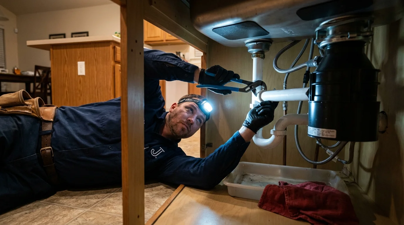 P-trap and supply line connections under a kitchen sink showing a common leak point in Pleasant View, TN